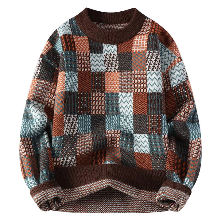 Flerfärgad chunky vintertröja för kvinnor i trendig lapptäcksdesign, perfekt för stilfull värme.