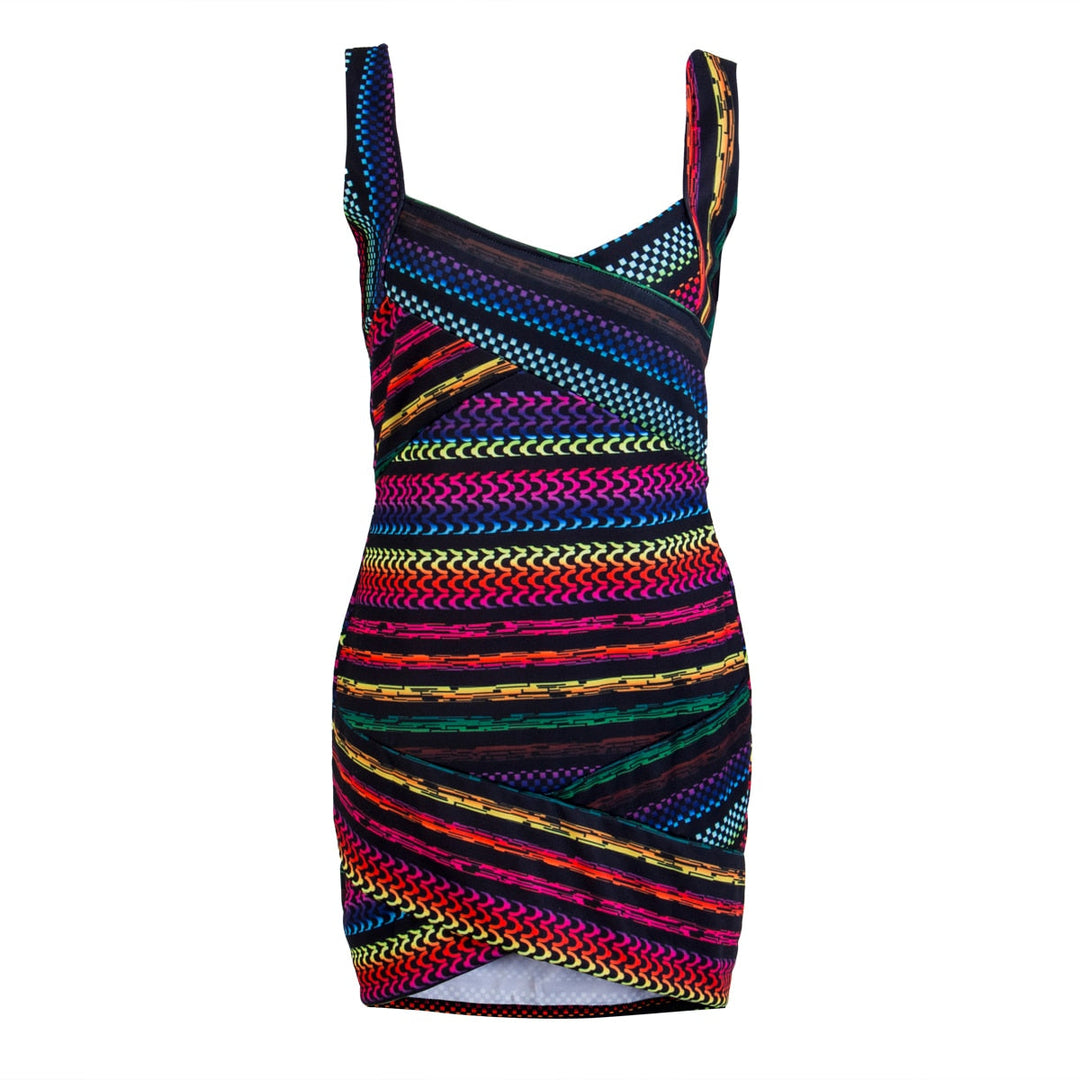 Flerfärgad randig miniklänning för fest. Ärmlös bodycon stretchklänning, perfekt sommarklänning för kvinnor.