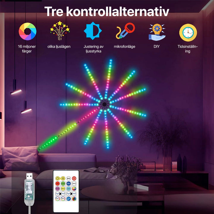 Detaljbild av Fyrverkeri LED-ljus med dynamiska effekter, ger unik och stämningsfull rumsdekoration.
