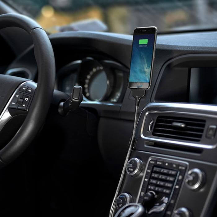 Mångsidigt mobiltillbehör: Laddningskabel och justerbar svanhals mobilhållare i ett.