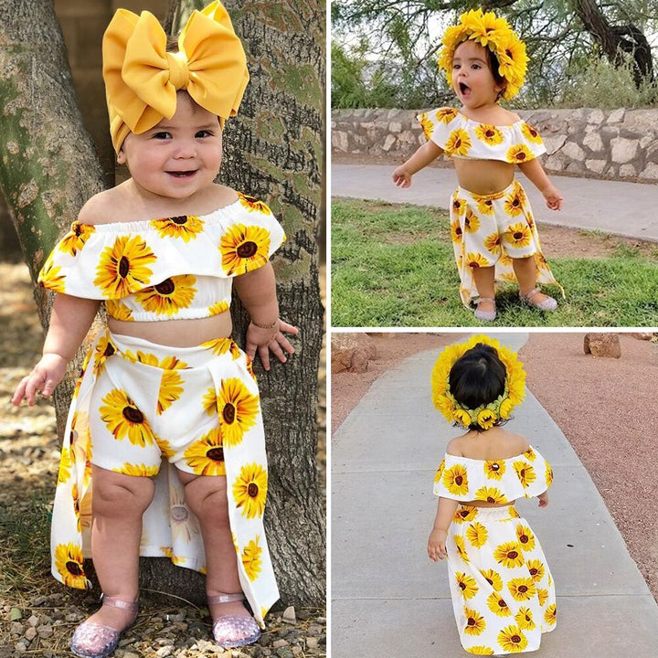 Bekvämt sommarset för flickor: babykläder med söta solrosor, idealiskt som present.