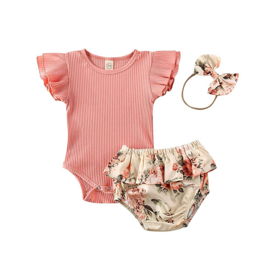 Flicks outfit för barn, ribbad bomulls-onesie med kortbyxor och blommigt mönster