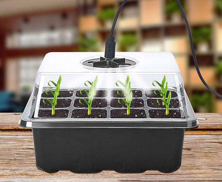 Närbild av fröstartbrickor med LED-växtljus. Idealisk för effektiv frögroning och uppdrivning av småplantor.