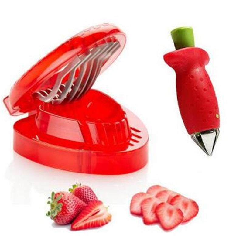 Bilder på vit plast jordgubbsskalare och skivare som presenttips till köksentusiaster.