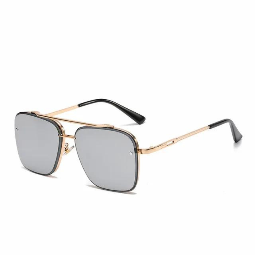 Närbild på eleganta fyrkantiga solglasögon för män med UV-filter. Modern design och komfort.