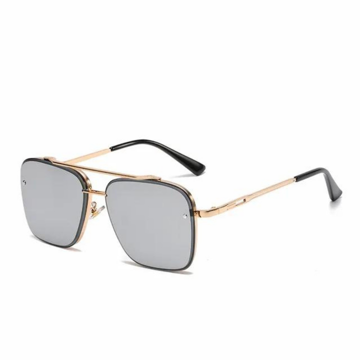 Närbild på eleganta fyrkantiga solglasögon för män med UV-filter. Modern design och komfort.