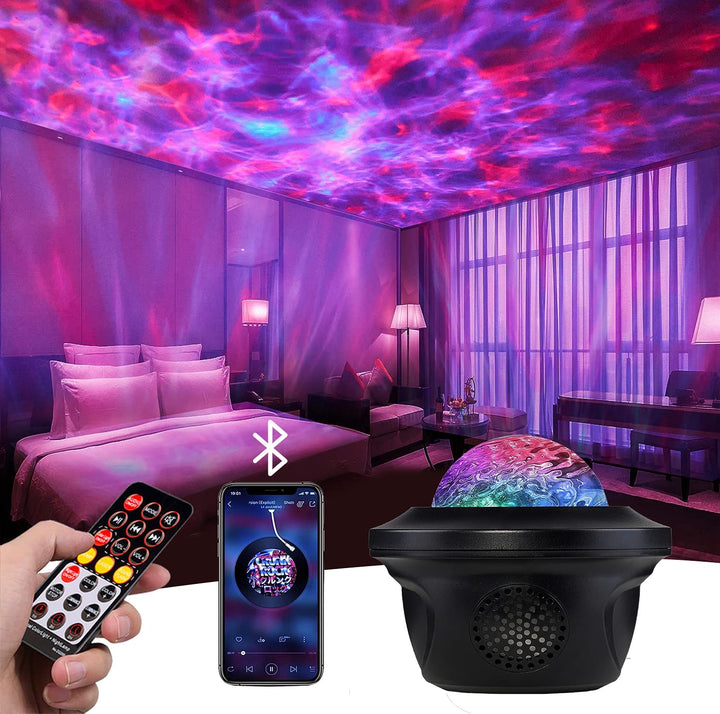Stjärnhimmelprojektor med norrsken och galaxeffekter. Kombinerar LED-ljus och ljud för festlig stämning.