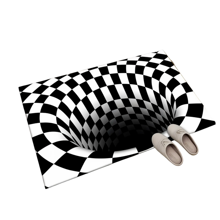 Geometrisk illusionsmatta med svartvita 3D-rutor, perfekt för modern heminredning, halkfri.