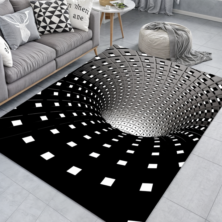 Närbild av en 3D-effekt illusionsmatta med optiska cirklar, slitstark och tvättbar golvmatta.