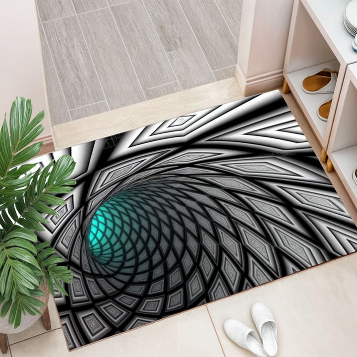 Dekorativ golvmatta med spiralmönster som skapar en 3D-illusion, för en modern hall eller entré.