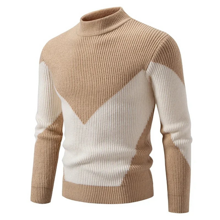 Stickad herrtröja med mönster och hög krage, erbjuder både värme och stil för den moderna mannen.