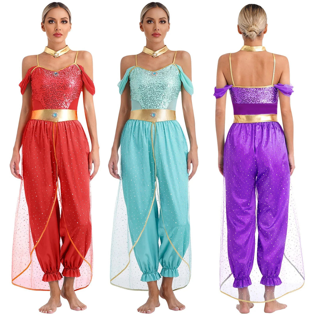 Lyxig damkostym i orientalisk stil; prinsessutklädnad för Halloween och festliga tillfällen.