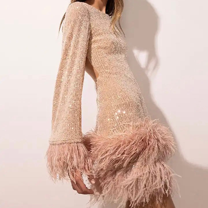 Glamourös kvällsoutfit: kvinnors festklänning med hel paljettyta och mjuk, elegant fjäderkant.