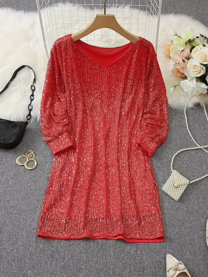 Kvinnors partyklänning, off-shoulder miniklänning med paljetter. Trendig och elegant.
