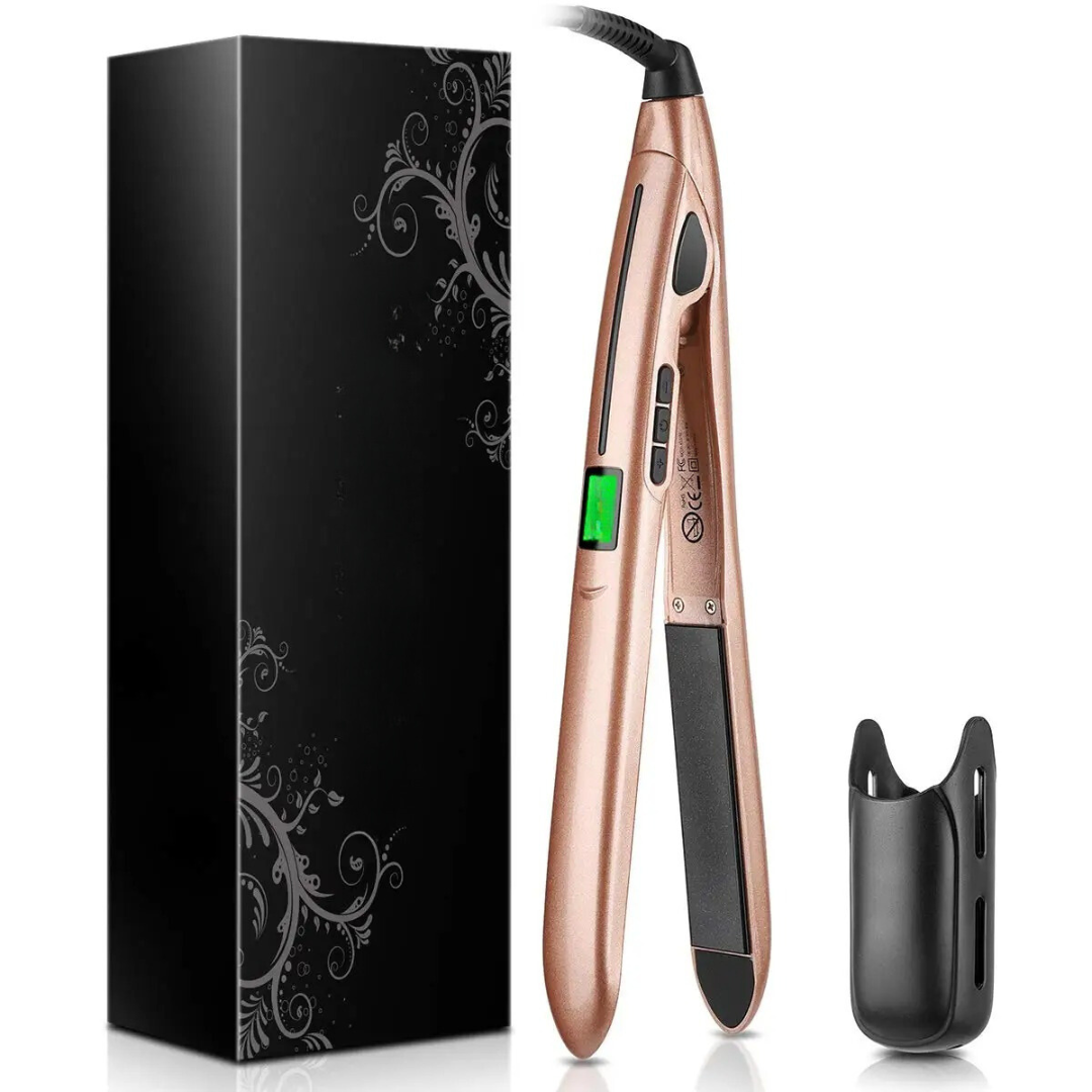 Närbild på GlamPro 2-i-1 plattång & locktångs keramiska värmeplattor, säkerställer skonsam styling.