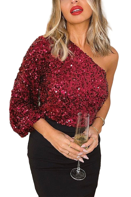 Glittrande enaxlad damfesttopp med paljetter, perfekt för en trendig kvällsoutfit.
