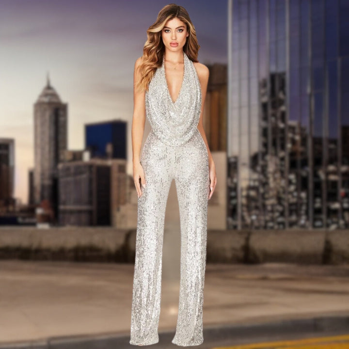 Elegant kvinnors paljett jumpsuit i glittrande tyg, idealisk för fest och utekväll.