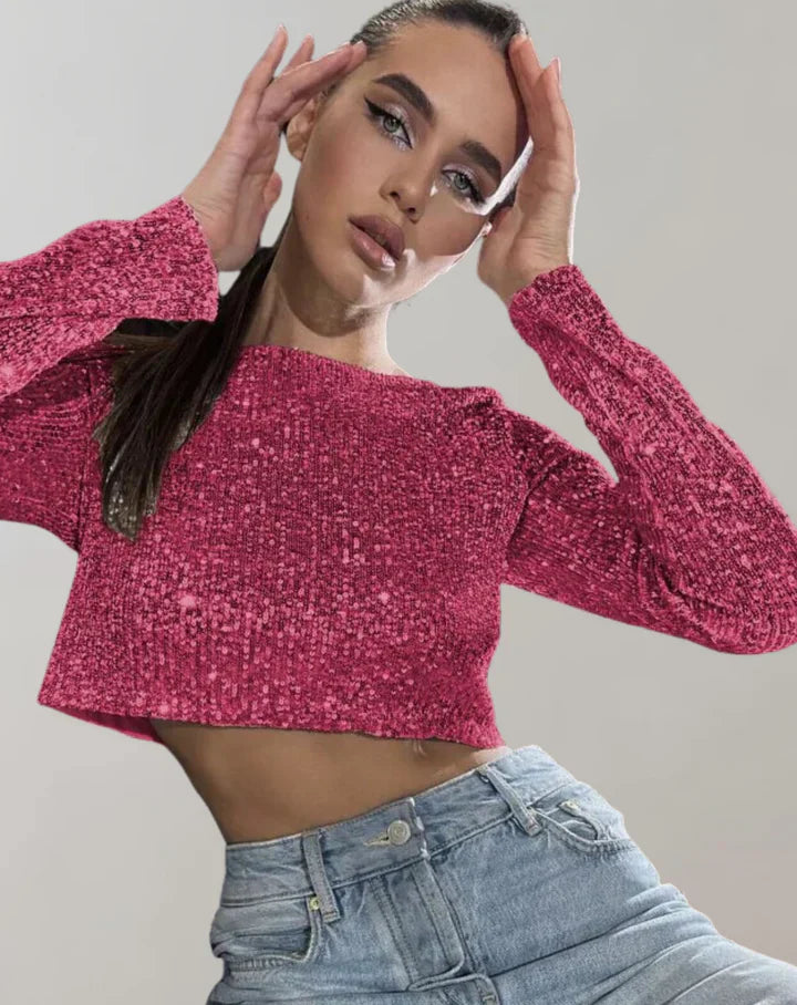 Trendig dam crop top i glitter, bekväm kortärmad festtopp för sommarens kvällsoutfit.