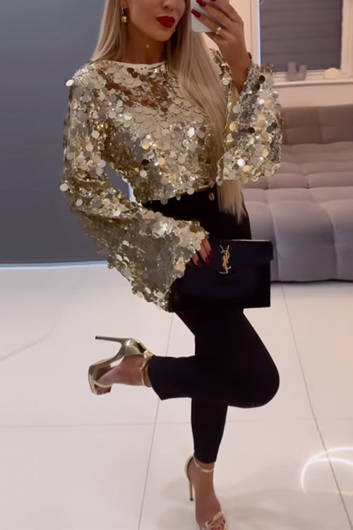 Kvinnors paljett crop top med långa klockärmar i silver, elegant festtopp.