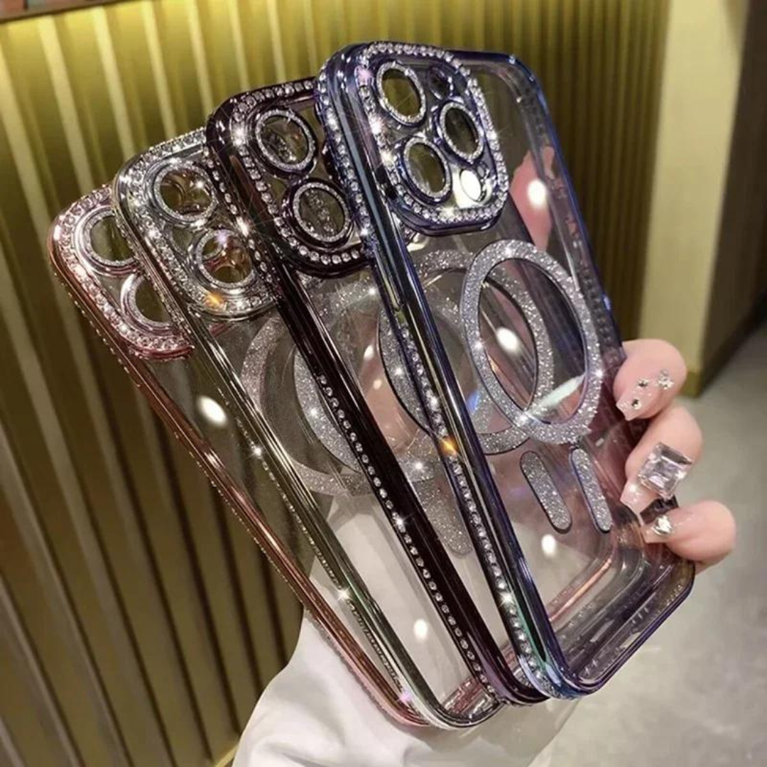 iPhone i glamoröst glitterskal; ett snyggt skydd för din smartphone