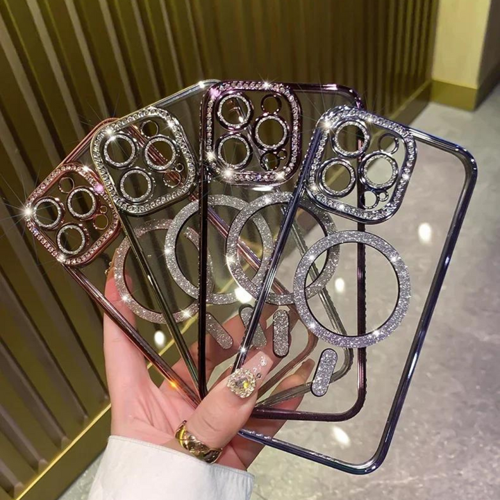 Produktfotografi av glittrigt iPhone-skal, visar dess skyddande egenskaper och design