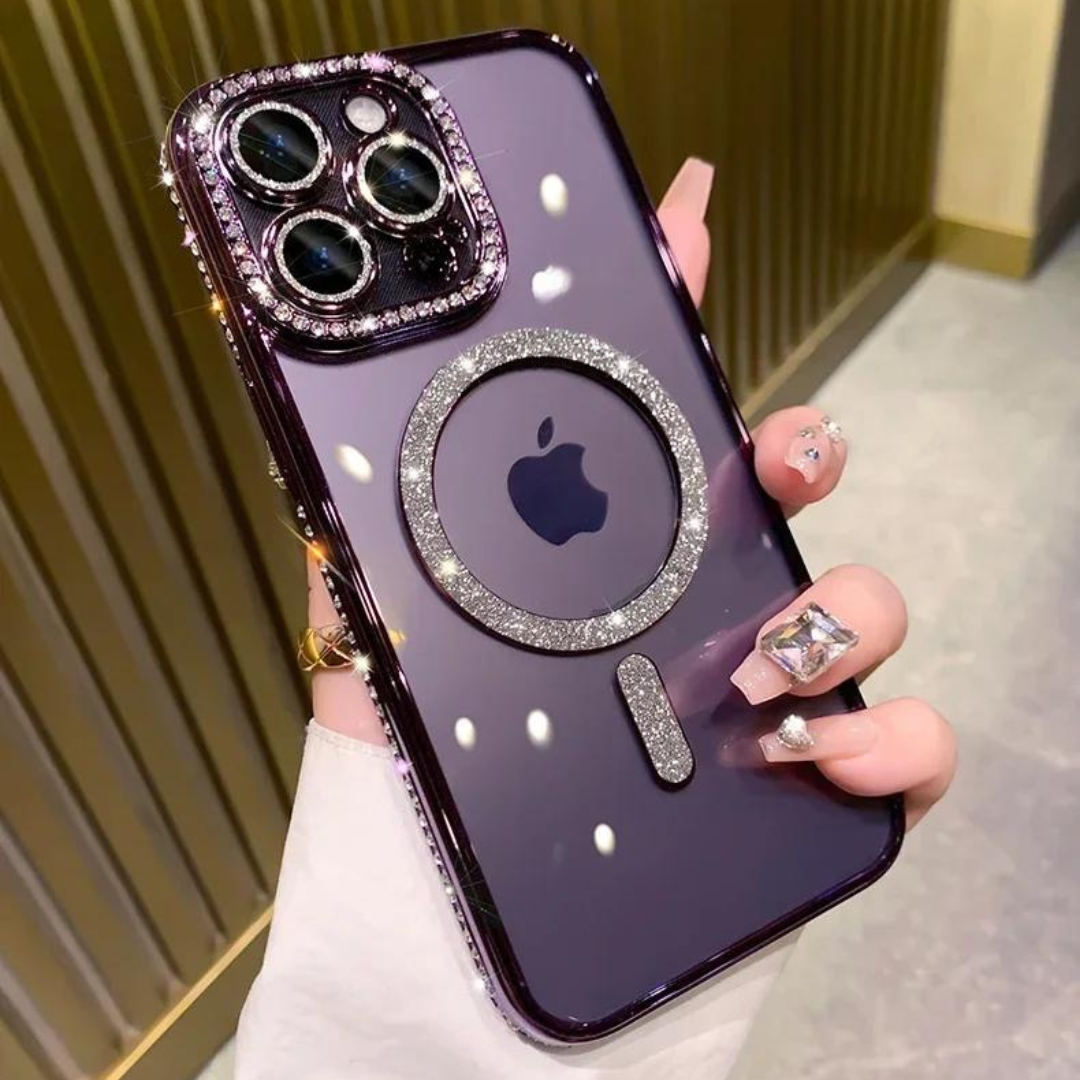 Flera glittrande iPhone-skal i olika färger, alla med diamantdesign