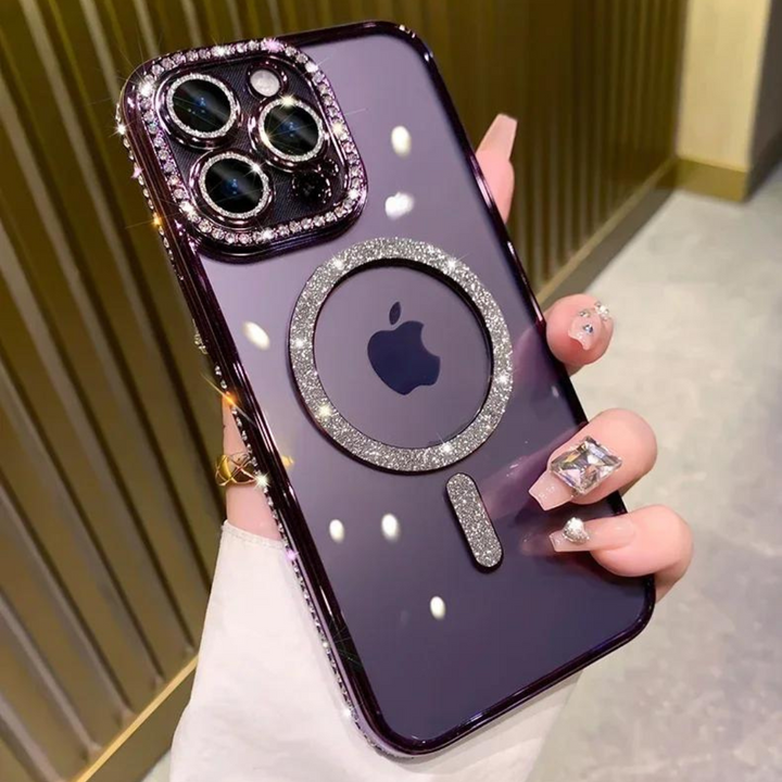 Flera glittrande iPhone-skal i olika färger, alla med diamantdesign