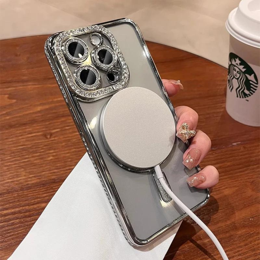 Detaljbild av skalets yta: skimrande glitter och diamantstruktur för iPhone