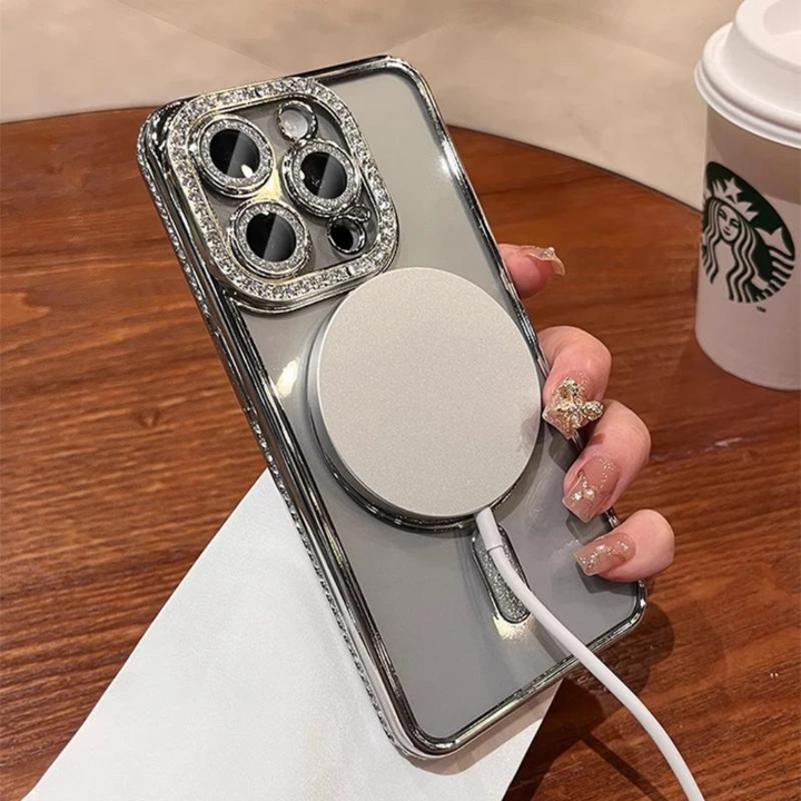 Detaljbild av skalets yta: skimrande glitter och diamantstruktur för iPhone