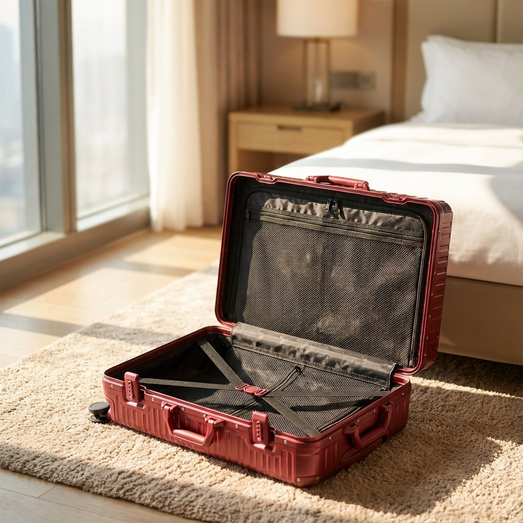 Grå aluminiumförstärkt resväska från Travelion, idealisk för säkra resor. Hållbart bagage med TSA-lås.