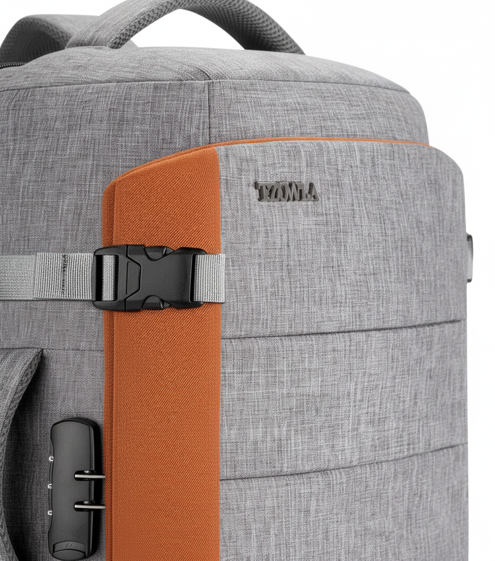 Antistöldryggsäck i elegant grå design med dolda dragkedjor och USB, perfekt som skolväska eller arbetsväska.