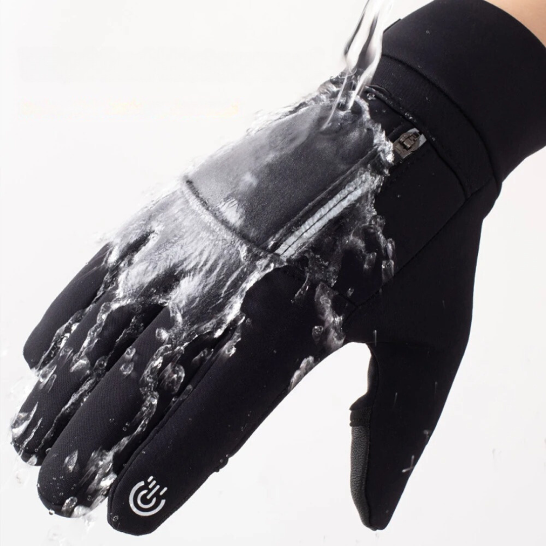 Närbild på svart herr vattentät pekskärmshandske, visar robust material och fingerdetaljer för grepp.