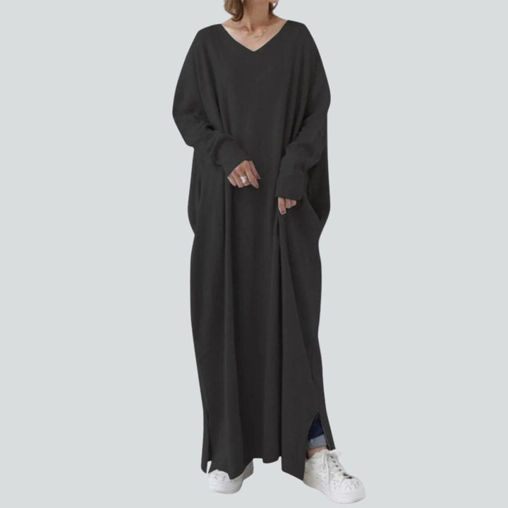 Mode Svart maxiklänning, v-ringning, lång ärm. Avslappnad elegant för kvinnor. Perfekt sommar & festklänning.