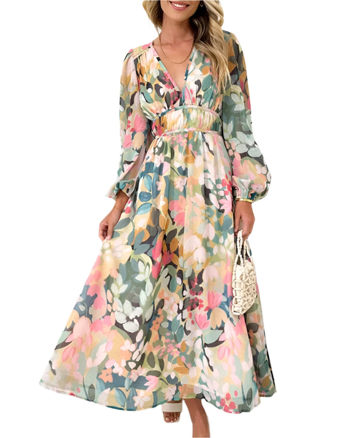 Grön & blå långärmad maxiklänning för dam med elegant blommönster, bekväm passform.