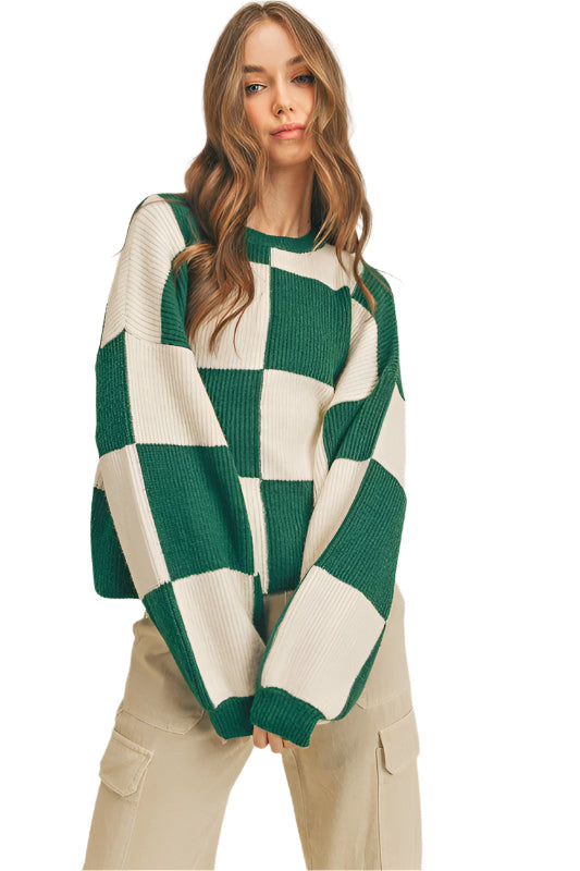 Grön oversized rutig damtröja i pullover-stil för avslappnad men trendig höst- och vintermode.