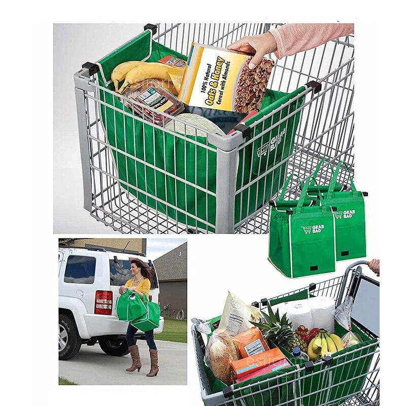 Återanvändbar shoppingväska i kundvagn, organiserar dina varor effektivt. Hållbar tygkasse för smidig handling.
