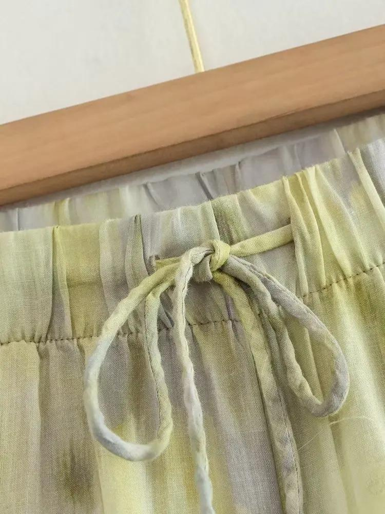 Kvinnors bekväma, lösa vintagebyxor med hög midja och vida ben, trendiga sommarbyxor.
