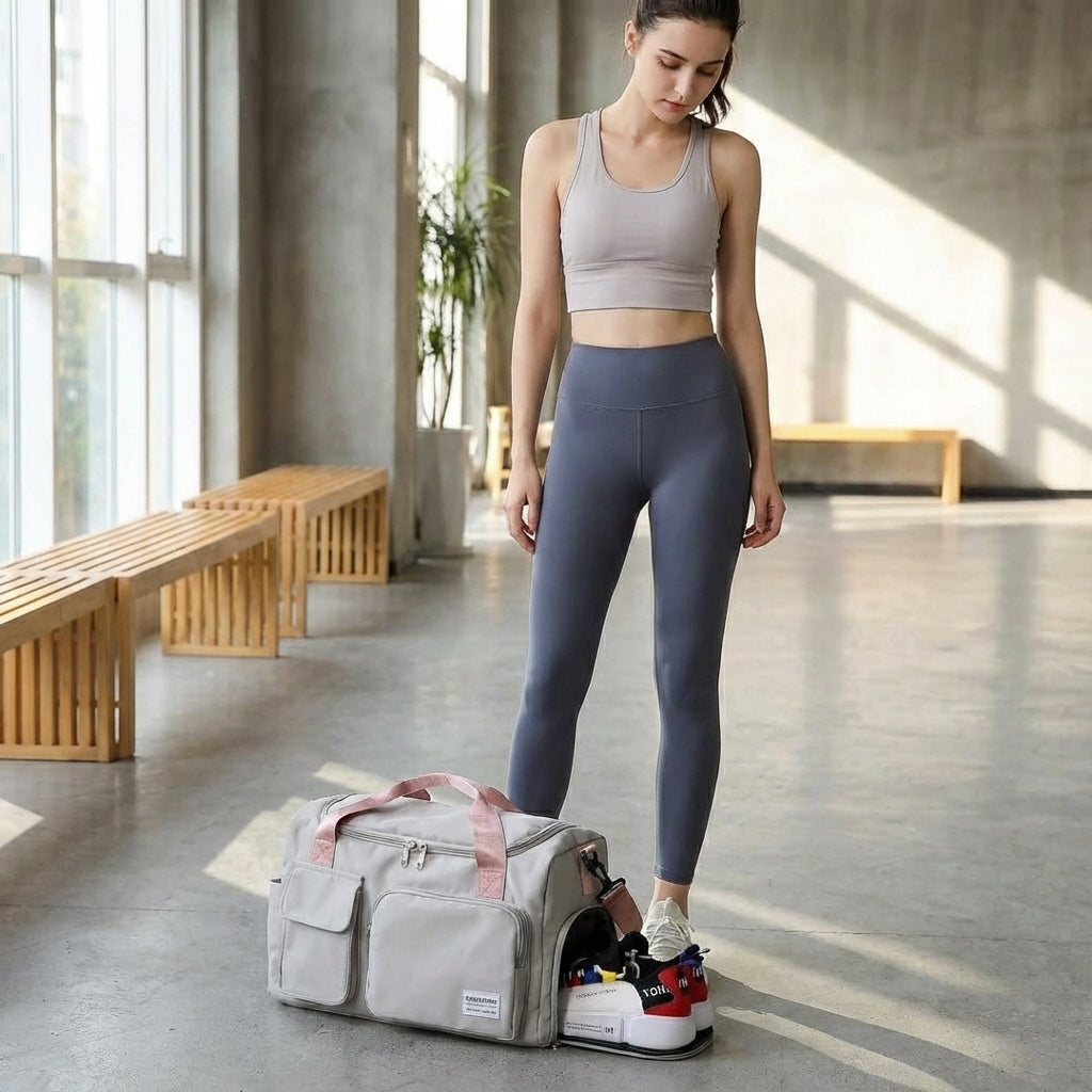 Grå unisex vattentät duffelväska i nylon med flera fack, perfekt för organiserad resa och sport.