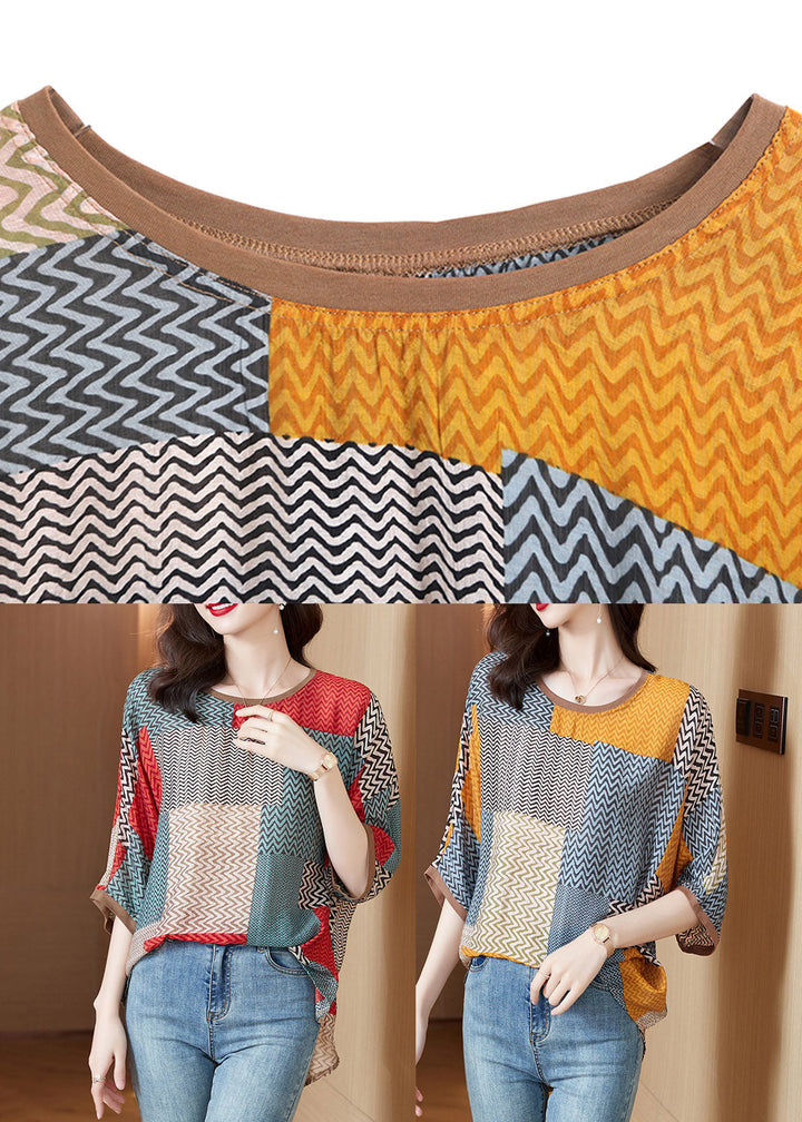 Sommarstil: Gul och röd patchwork topp med halvärm och O-hals, bekväm och modern för kvinnor.