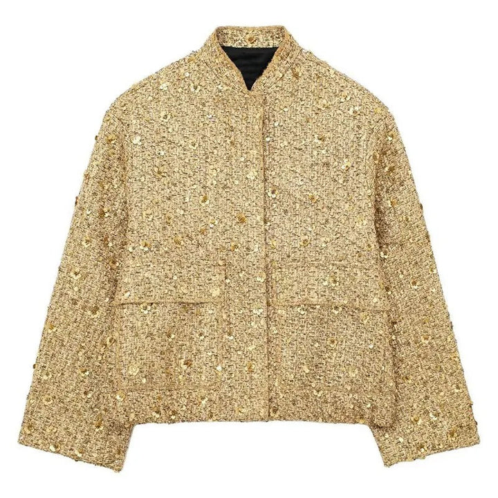 Guld bomberjacka för kvinnor med glittrande paljetter. Perfekt festjacka för en glamorös stil.