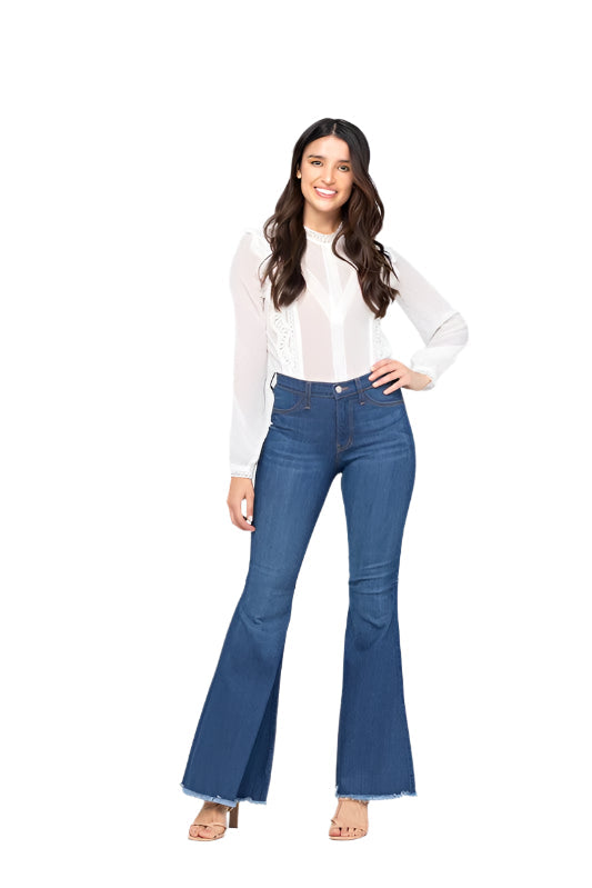 Högmidjade flared jeans för kvinnor i klassisk blå denim, perfekt för trendigt kvinnomode.