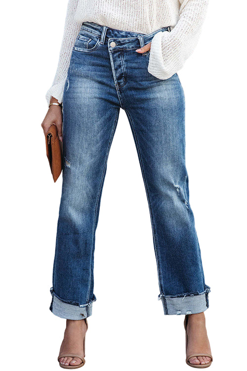 Högmidjade raka denimjeans för kvinnor, mörkblå casualvårstil