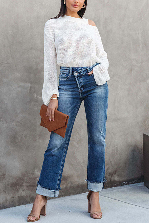 Kvinnors högmidjade denimjeans med raka ben, bekväma för våren