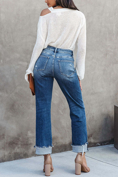 Mörkblå raka jeans med hög midja för kvinnor, casual denimlook
