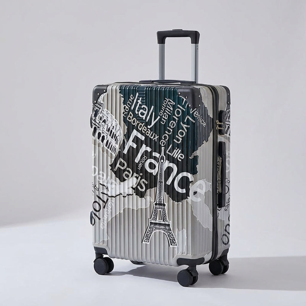 Hård resväska med uttrycksfullt graffiti-tryck som skyddar ditt bagage. Perfekt för trendmedvetna resenärer.