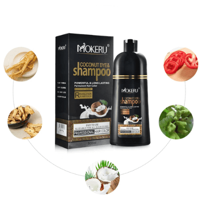 Hårfärgningsschampo kvinnor, ingredienser som kokosolja och naturlig färg listas detaljerat.