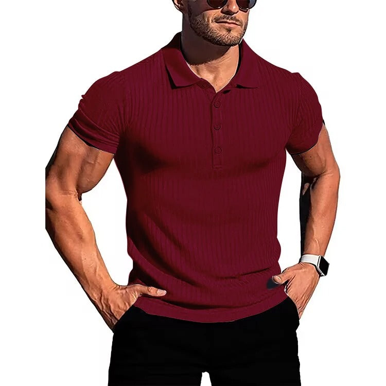 Herrkläder: Kortärmad stickad polotröja i slim fit, stretchig för optimal rörelsefrihet.