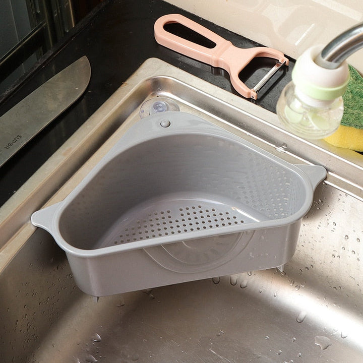 Grå dräneringskorg för diskbänkshörn, multifunktionell och lätt att montera, köksredskap