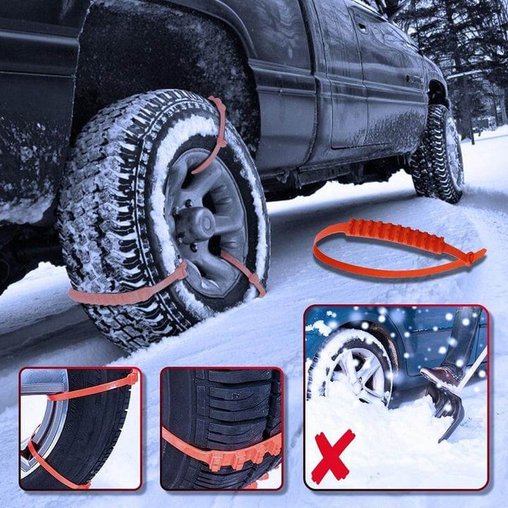 Antislip däckkedjor monterade på bildäck. Perfekta för vinterkörning, snö och is.