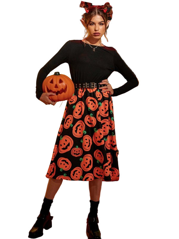 Halloween midiklänning för kvinnor med festligt pumpatryck, perfekt för höstens temafest.